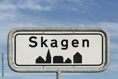Fotografie Skagen road sign at the entrance of the city, Denmark
