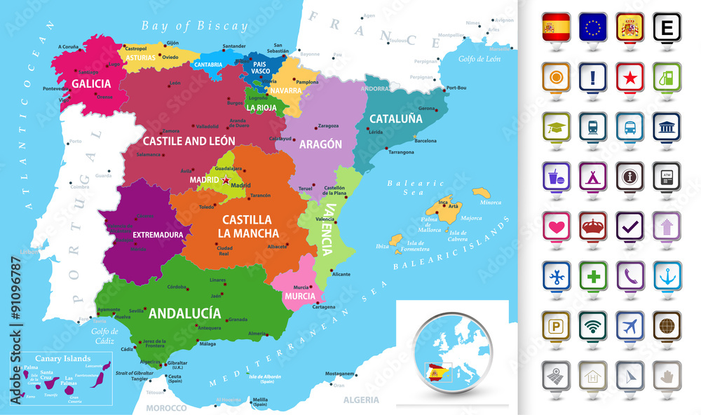 Obraz premium Political map of Spain with a 3D pointers