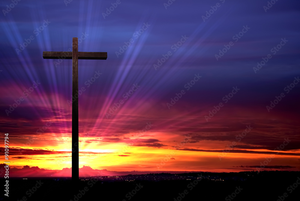Christian cross on red sunset background Christian cross on red sunset background