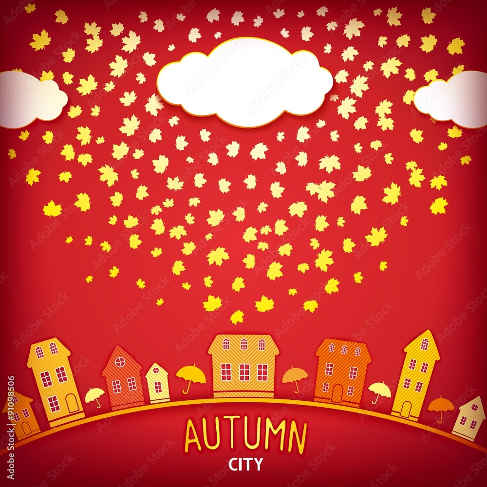 Illustration of cartoon autumn city with umbrellas and clouds. Vector eps 10