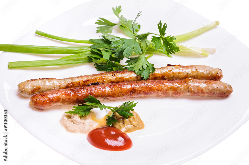 Fried Munich sausages with sauces, green onion and parsley Fried Munich sausages with sauces, green onion and parsley