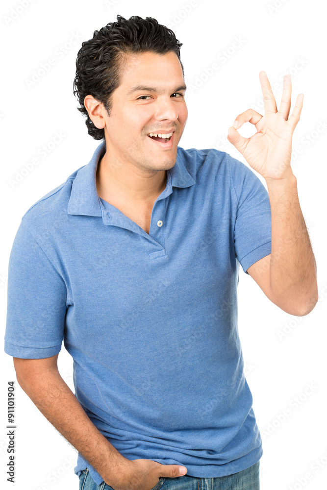 Casual OK Hand Gesture Latino Male Smiling Left Casual OK Hand Gesture Latino Male Smiling Left