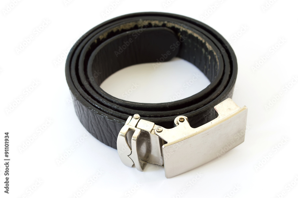 old used black leather belt isolated on white background old used black leather belt isolated on white background