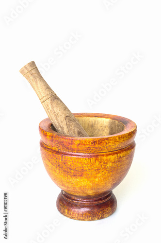 Wooden pestle and mortar isolate on white background