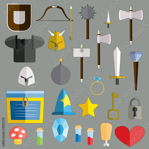 Game weapon icons flat set. Weapons, shields, magic, scrolls.