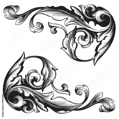 Page decoration. Decorative floral elements, corners, borders, frame, crown. (black and white) Retro