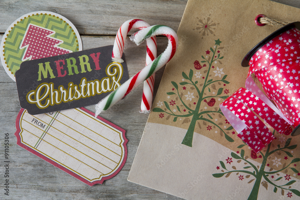 Fototapeta premium Rustic Craft Christmas Decorations, Candy Cane, Ribbon and Labels.