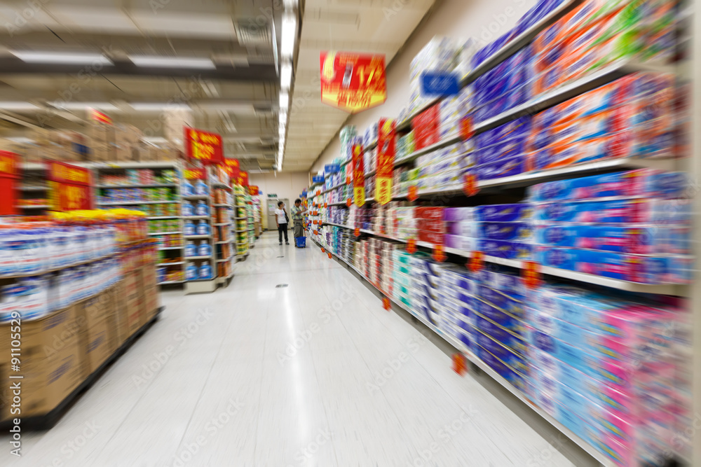 Empty supermarket aisle, Motion Blur.