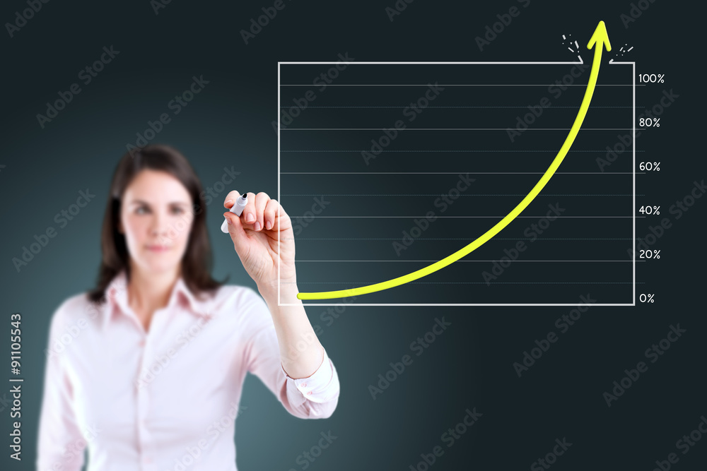 Young business woman drawing over target achievement graph. 