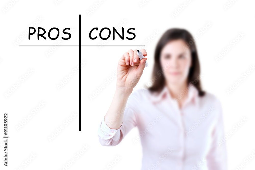 Young businesswoman holding a marker and writing pros and cons comparison concept, white background. Young businesswoman holding a marker and writing pros and cons comparison concept, white background.