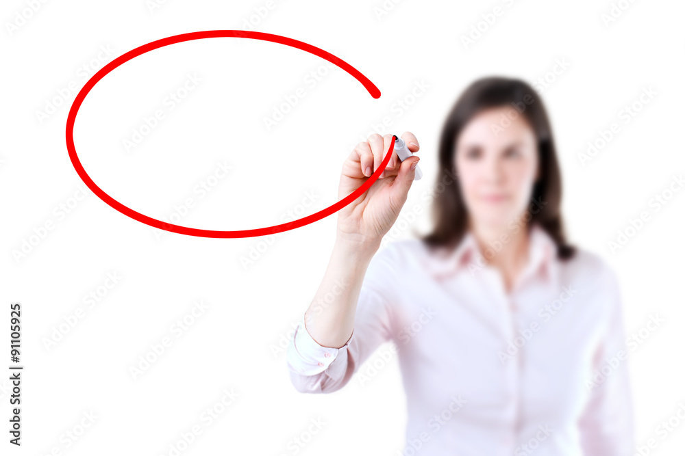 Young businesswoman writing on glass board or working with virtual screen 4, white background. Young businesswoman writing on glass board or working with virtual screen 4, white background.