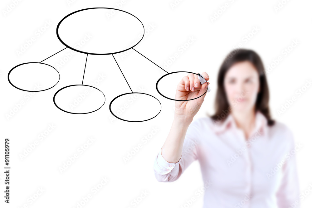 Young business woman drawing a flowchart 3, white background. Young business woman drawing a flowchart 3, white background.