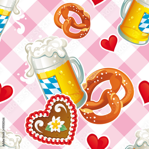 Seamless Oktoberfest background with beer mug, Gingerbread hearts and Pretzel on pink checked background