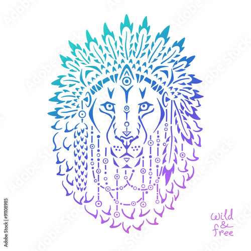 Lion in war bonnet, animal illustration, native american poster © baksiabat