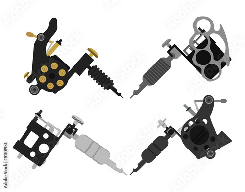 Set of 4 different style tattoo machines. No outline