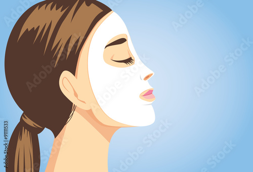 Woman applying a facial sheet mask for treatment her face. Close up shot, side view.