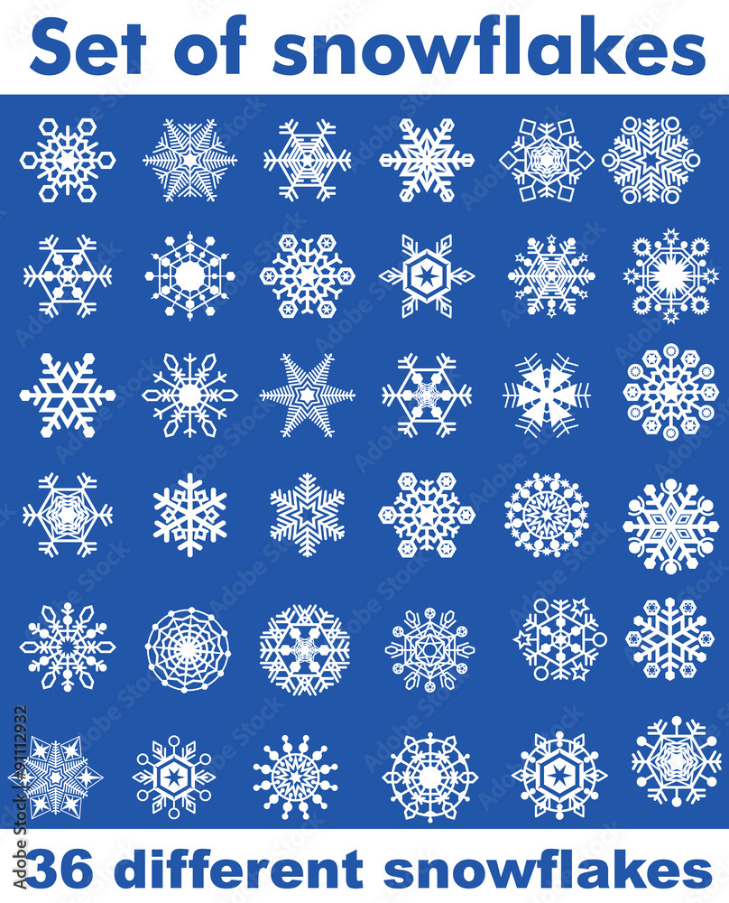 Set of snowflakes of different shapes. Easy to transform, recoloured.
