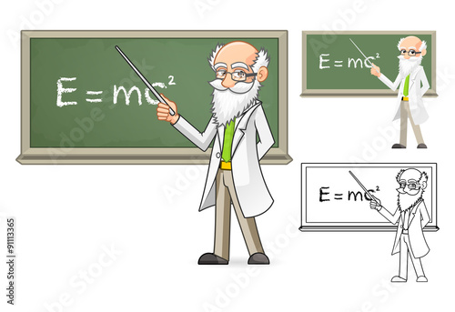 High Quality Scientist Cartoon Character Holding a Pointer Stick Include Flat Design and Line Art Version