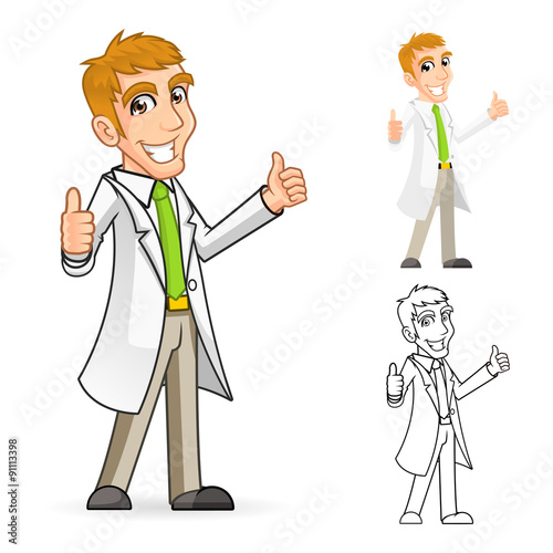 High Quality Scientist Cartoon Character with Thumbs Up Arms Include Flat Design and Line Art Version