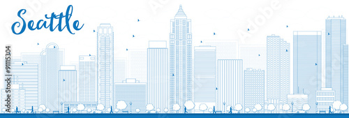 Outline Seattle City Skyline with Blue Buildings