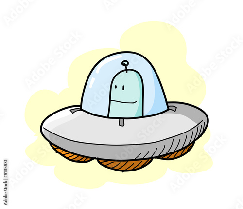 UFO, a hand drawn vector illustration of an alien driving its UFO, isolated on a simple background (editable).