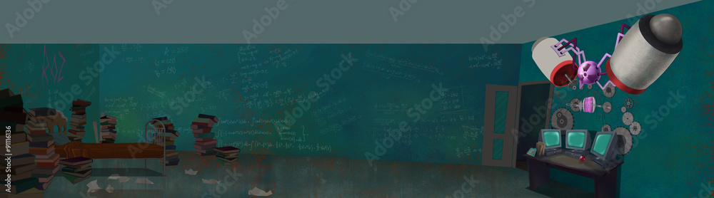 Obraz premium Radioactive Machine with Engine Turbines in a Bedroom Laboratory full of Books and Computers. Digital background raster illustration.