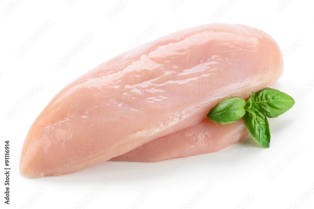 Raw chicken fillet with basil isolated on white Raw chicken fillet with basil isolated on white