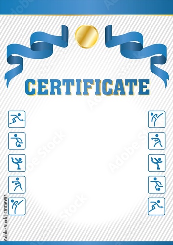 sport certificate with blue ribbon and golden emblem