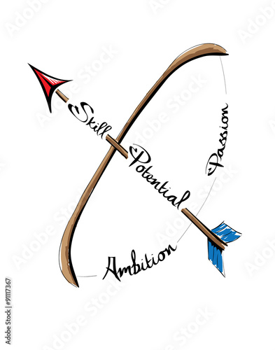 Old-fashioned medieval-styled colored sketch of bow and arrow with hand-written motivational words