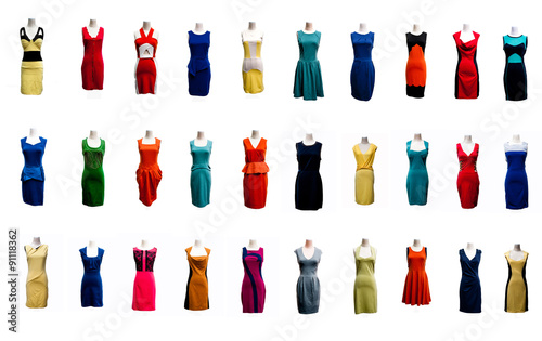 collection of many color evening gown dress on mannequin.