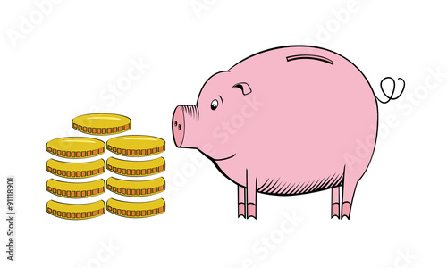 Vector image of a piggy bank and coins