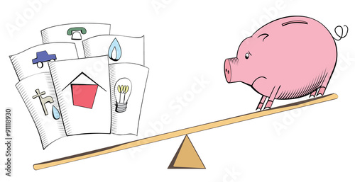 Cartoon pig and bills on a see-saw balance or scales
