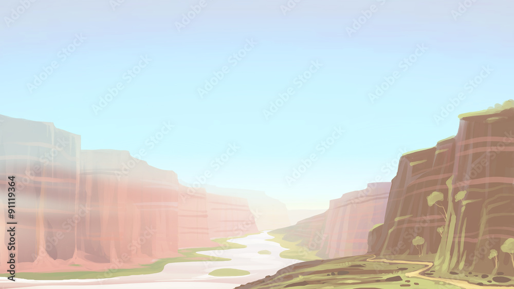 Canyon with river landscape. Digital background raster illustration.