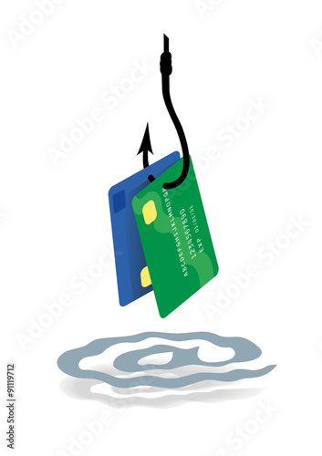 Vector image of a credit or bank card hanging off a fishing hook over an internet symbol