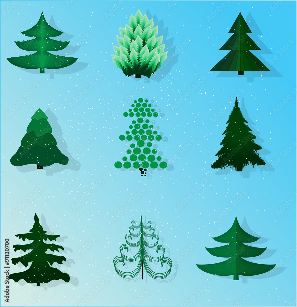 Set of Christmas trees on a blue background.
