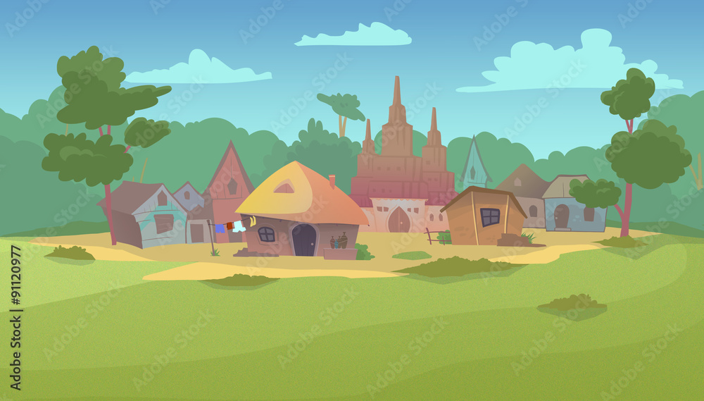 Small village surrounded by green fields, forest and garden. Digital background raster illustration.