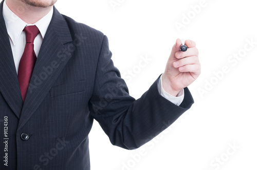 Businessman hand holding marker on white copy space