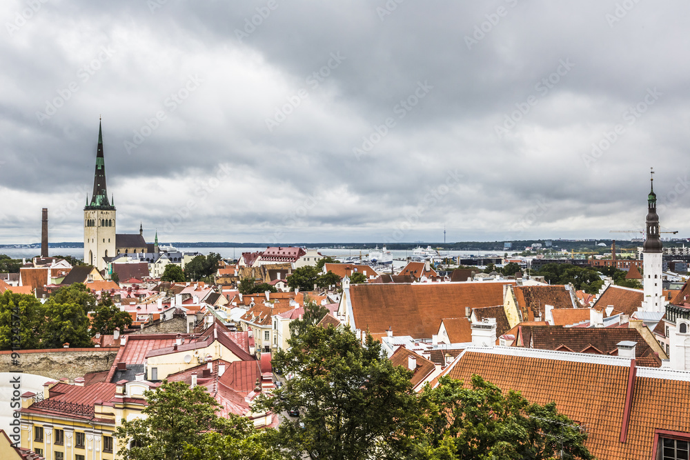 Scenic summer aerial panorama of the Old Town in Tallinn, Estoni