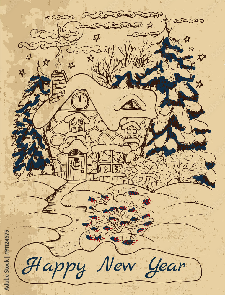 Obraz premium Vintage Christmas card with a house