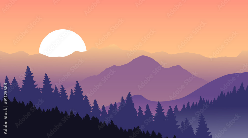 Fototapeta premium Beautiful sunset at mountains. Vector illustration