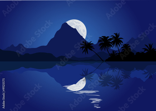 Night mountain landscape with full moon and reflection in the water. Vector illustration.