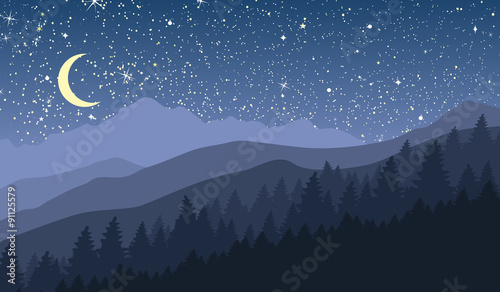 Night mountain landscape with new moon and stars. Vector illustration.