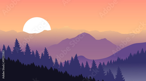 Beautiful sunset at mountains. Vector illustration © tanyadzu