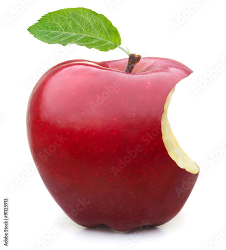 Billede på lærred Red apple with missing a bite isolated on white background