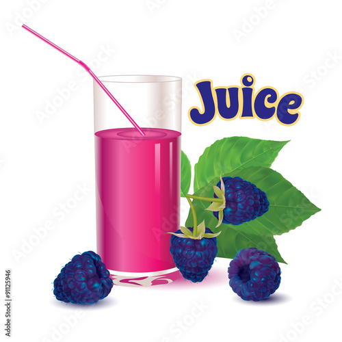 glass with juice and straw, branch with leaves and ripe fresh berry blackberries isolated on white background