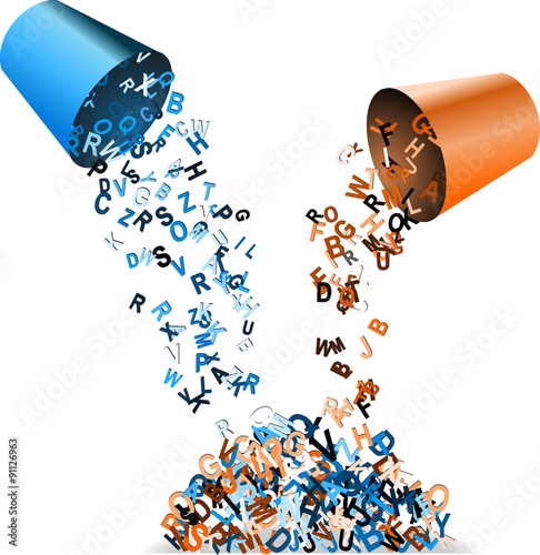 Colored alphabets poured from buckets to pile