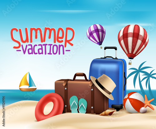 3D Realistic Summer Vacation Poster Design with Bags in Beach Sea Shore © AmazeinDesign