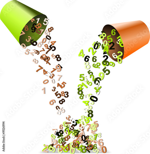 Colored numbers poured from buckets to pile