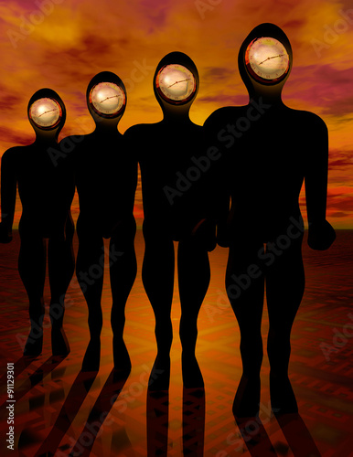 illustration of people with clock for face and a somber sunset