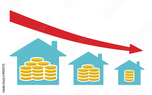 Flat vector image of houses with money from small to large size, with a red downward arrow